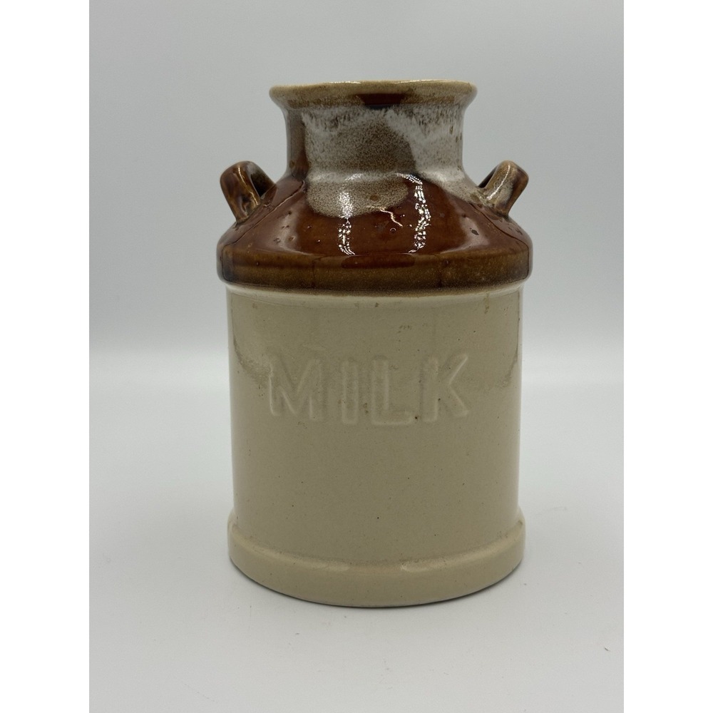 Vintage Ceramic Milk Jug Brown and White Drip Stoneware Utensil Holder Canister
